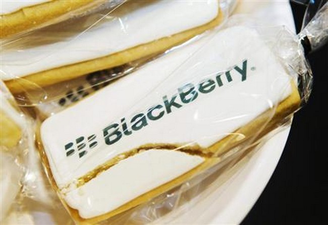 A view shows a cracked cookie with a Blackberry logo at the Blackberry Z10 launch in Toronto