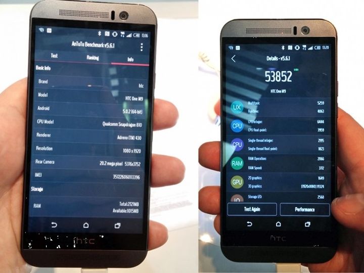 How many points are scored HTC One M9 in the test AnTuTu?